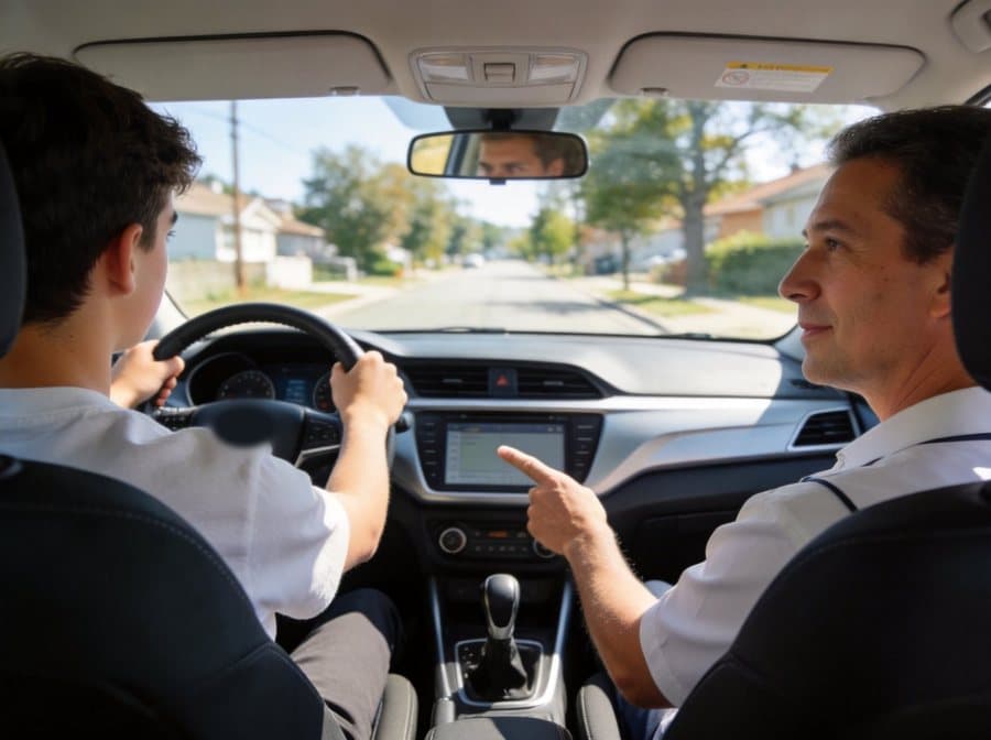 A teenage driver at the wheel on a quiet street, with an instructor in the passenger seat